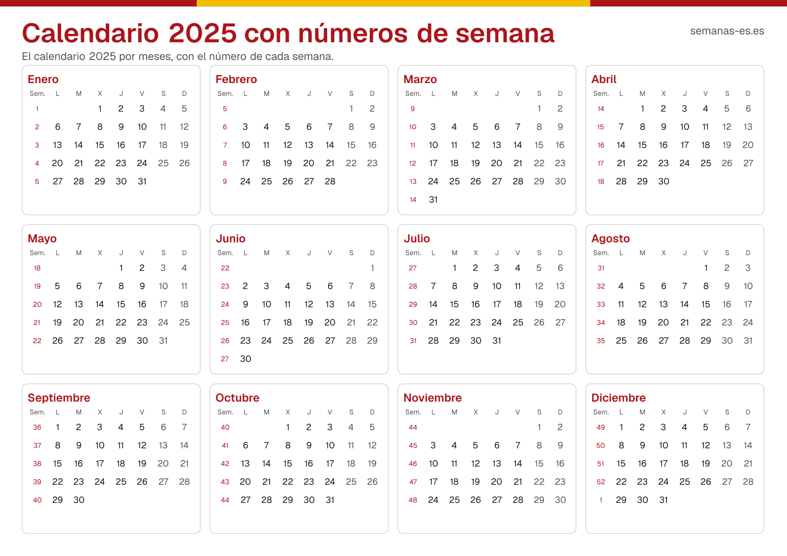 Calendario 2025 con números de semana