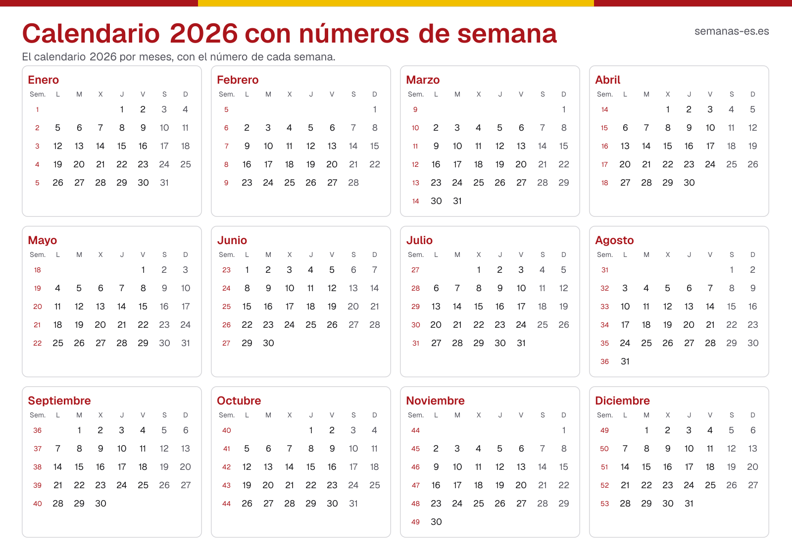 Calendario 2026 con números de semana