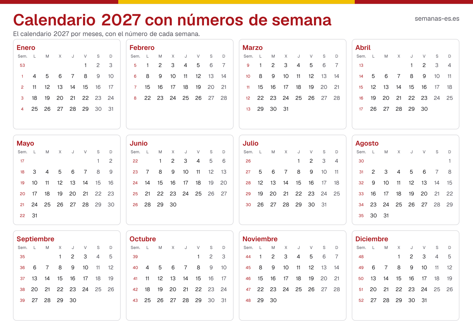Calendario 2027 con números de semana
