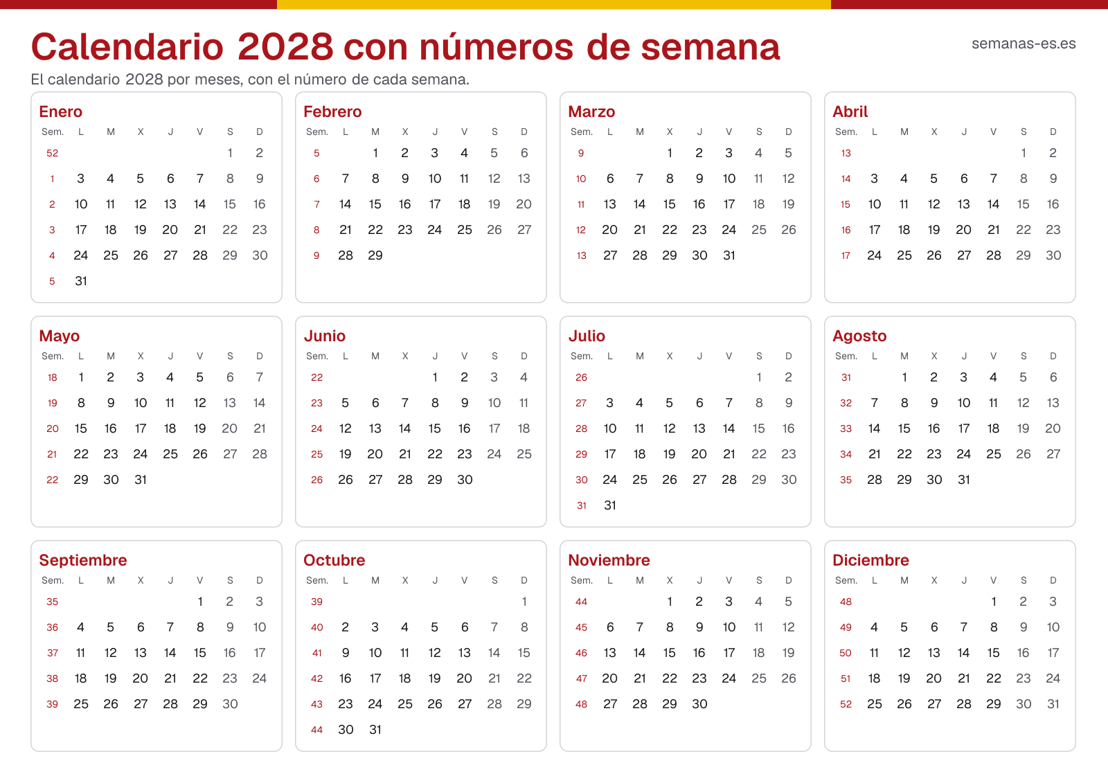 Calendario 2028 con números de semana