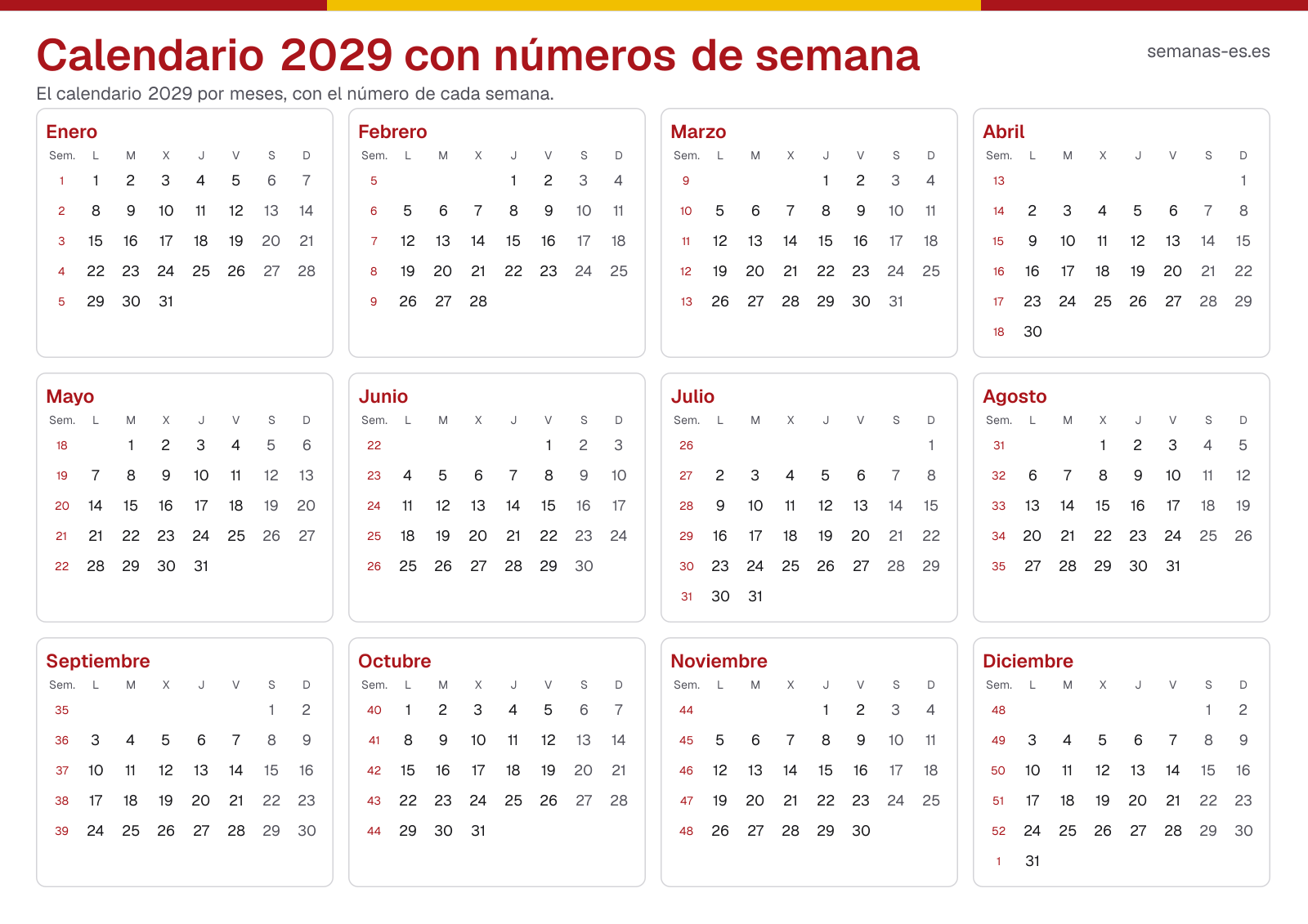 Calendario 2029 con números de semana