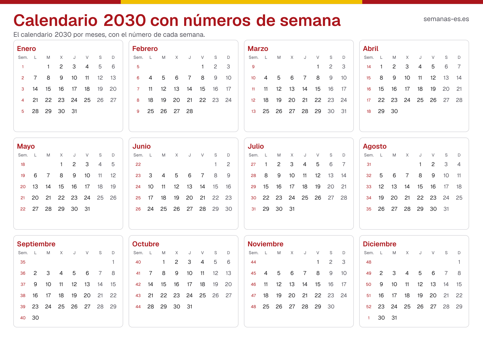 Calendario 2030 con números de semana