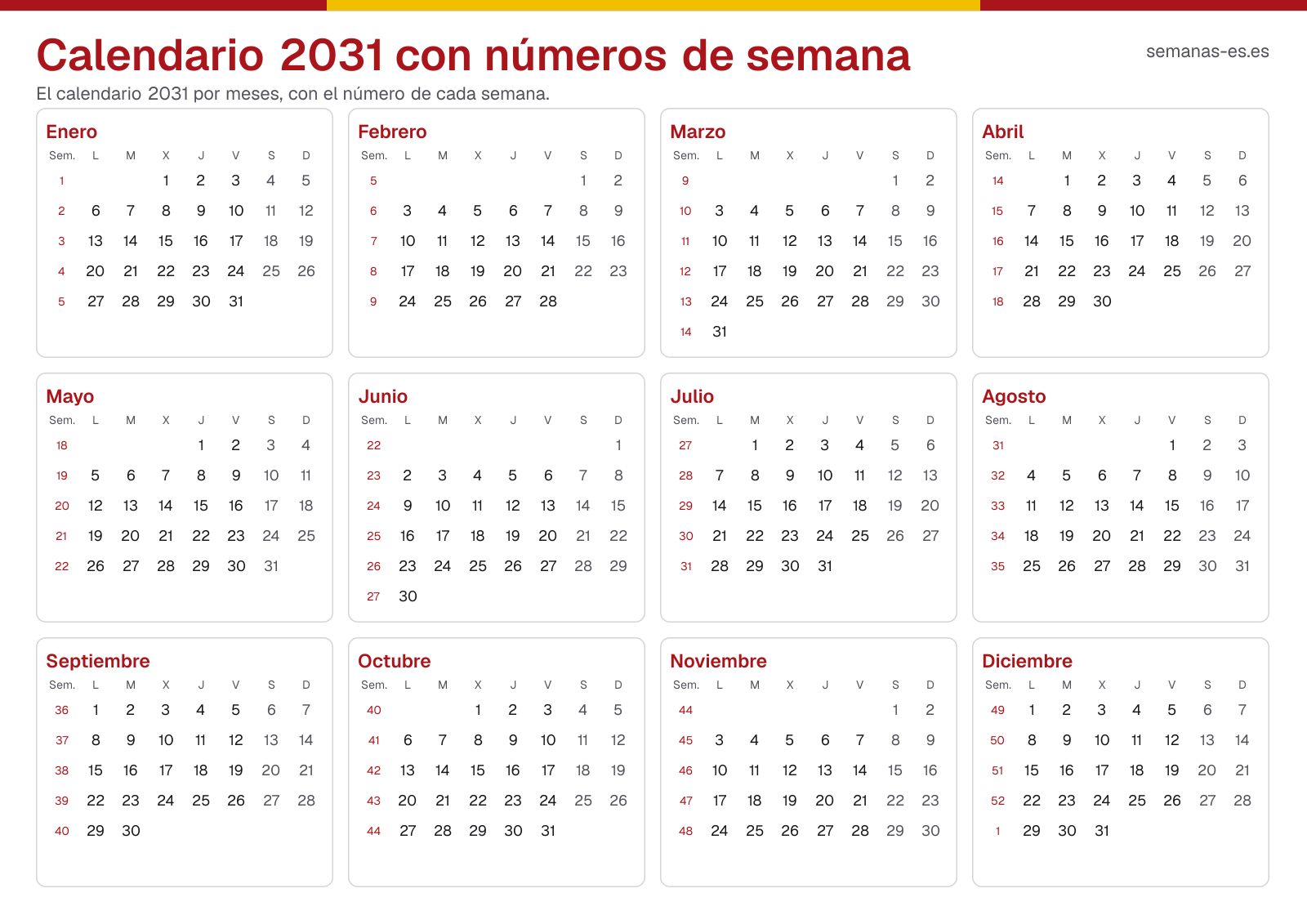 Calendario 2031 con números de semana